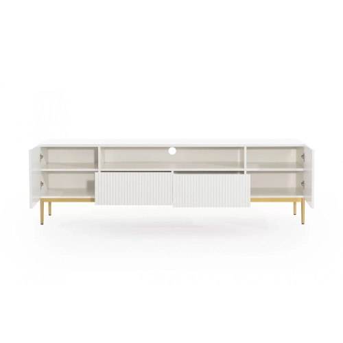 Szafka RTV Nicole 200 cm z wnęką i szufladami - biały mat / złote nóżki